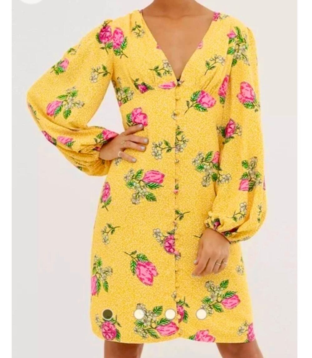 Never Fully Dressed "Pink Lemonade" yellow button-up mini dress Size XS